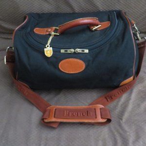 ❤️3 PC FRENCH CO Train Case Travel Bag +Strap +Enamel FOB Black Canvas & Leather